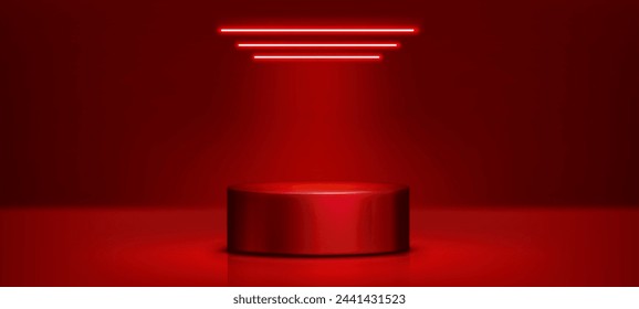 Red cylinder product podium in studio room interior with floor and wall, and neon light led lamps on top. Realistic 3d vector illustration with empty goods display platform and stage mockup.