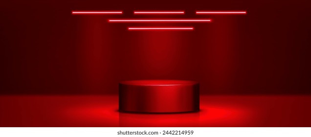 Red cylinder product podium in studio room interior with floor and wall, and neon light led lamps on top. Realistic 3d vector illustration with empty goods display platform and stage mockup.