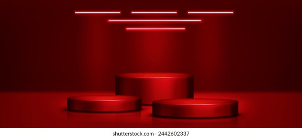 Rote Zylinder-Produkt-Podien im Studio-Raum-Innenraum mit Boden und Wand, und Neonlicht LED-Lampen auf der Oberseite. Realistische 3D-Vektor-Illustration mit Leergut-Display-Plattformen und Bühnenmockup.