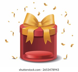 Red cylindrical gift box with a large golden ribbon bow on top, surrounded by golden confetti on a white background. Concept of celebration and surprise. Vector illustration