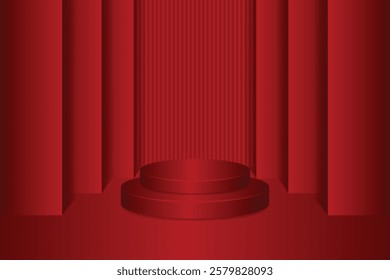 Red cylindrical podium with symmetrical pillar background. Futuristic design suitable for architectural concepts, presentations, mockups or digital backgrounds.