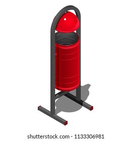 Red cylindrical street garbage bin with lid, isometric vector illustration on white background with shadow