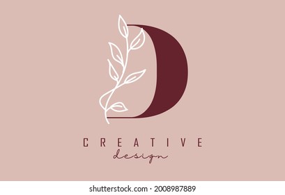 Roter D-Buchstaben Logo-Design mit weißen Blättern Zweig Vektorgrafik. Kreatives und elegantes Symbol mit Buchstabe D.