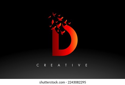 Red D Logo Letter with Flying Flock of Birds Disintegrating from the Letter. Bird Fly Letter Icon.