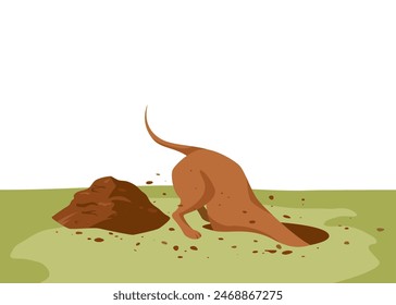 Red dachshund digging a ground pit. Hole in soil and heap of dirt. Vector illustration in cartoon style.