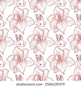 Red Daffodil and Rabbit Seamless Pattern An elegant seamless pattern featuring delicate red daffodils and cute bunnies, perfect for spring-themed designs and textile prints