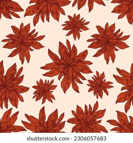Red Dahlia Flower Pattern with Hand Drawn Style. Seamless Flower Pattern for Fashion, Wallpaper, Wrapping Paper, Background, Print, Fabric, Textile, Apparel, and Card Design