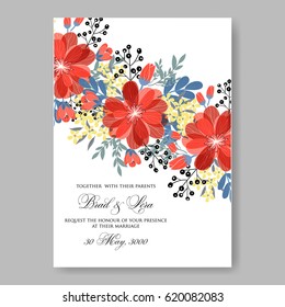 Red Dahlia wedding invitation card temlate