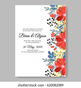 Red Dahlia wedding invitation card temlate