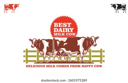 red daily cow milk standing logo, silhouette of great cattle at farm vector illustrations