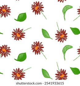 Red Daisy Floral Seamless Pattern with Green Leaves - Hand-Drawn Style