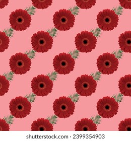 Red daisy flower with leaf Seamless Pattern Design