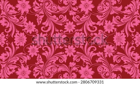 Red damask floral pattern background with pink ornamental flowers and scrolling vines. Flat vector illustration EPS.