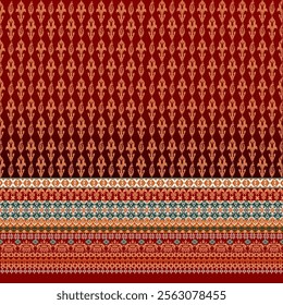 Red Damask pattern, abstract, ethnic style, full fabric, beautiful fringe, for decoration, textile, clothing, curtains, carpets, pillows or as requested.