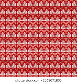 Red Damask Pattern, Abstract, Traditional Ethnic, Vertical Fabric, Beautiful Fabric Edge, For Decoration, Textile, Clothing, Curtain, Carpet, Pillow or as requested.