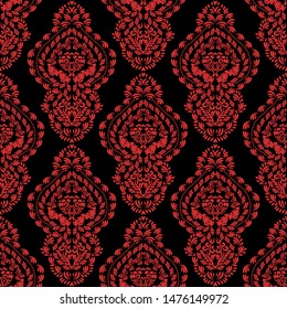 Red Damask Seamless Pattern On Black Background. 