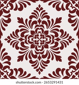 Vetor de padrão de azulejos de damasco vermelho com vintage simetria floral, ideal para o vetor de padrão de azulejos interiores, vetor de padrão de azulejos antigos imprimível e necessidades decorativas