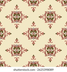 Red damask in a Victorian-style seamless pattern with decorative ornament. Vector illustration for your design. Ideas for rugs, cards, tiles, porcelain, blankets, wallpaper, and textiles.