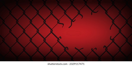 El peligro rojo rompió la cadena de alambre de acero. Valla Chainlink. Patrón de la valla de seguridad. Red de alambre de enlace de cadena rota. Icono de acero de malla de alambre. Enlace de cadena de metal de cuadrícula. Patrón de alambre metálico. Rabitz con agujero.