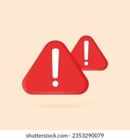 Red danger warning triangle 3d icon. Alert, caution or emergency notification symbol. Danger hazard notification. Caution alert notice, triangle warning reminder and emergency attention.