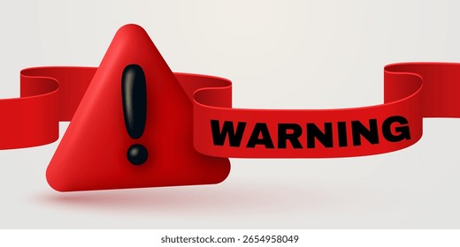 Red danger warning triangle 3d icon. Alert, caution or emergency notification. Danger hazard notification. Caution alert notice, triangle warning reminder and emergency attention. Vector Illustration