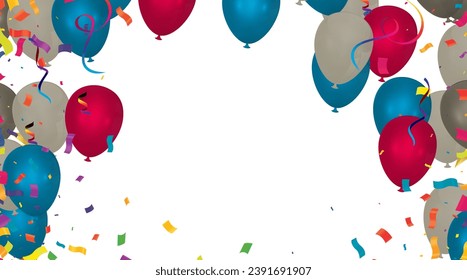 globos azul oscuro rojo con confeti cayendo sobre el fondo. Festival y ánimo alegre. Navidad, Año Nuevo, cumpleaños o celebración de bodas