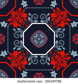 Red and dark blue geometric tile pattern. Floral seamless wallpaper