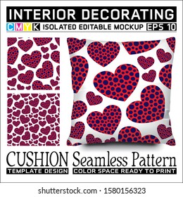 Red & dark blue hearts on white background. Cushion mockup and seamless pattern to celebrate valentine day. Isolated & editable. CMYK color space ready to print. This pattern can also used for other.