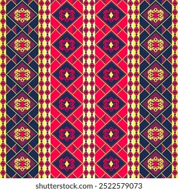 Patrones geométricos rojos, azul oscuro y amarillo que son tradicionales, étnicos, navajos o indios nativos americanos. diseños para ropa, cortinas, alfombras, sarongs, hmong y bordes de tela.