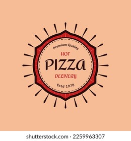 logotipo de pizza roja y marrón oscura en fondo rosa, diseño vectorial para restaurante y café