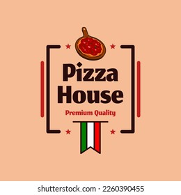 red and dark brown pizza logo on pink background, vector design for restaurant and cafe