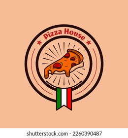 red and dark brown pizza logo on pink background, vector design for restaurant and cafe