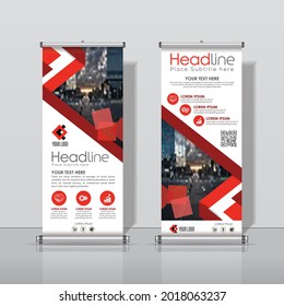 Rojo, Color Oscuro, Banner Roll Up, Plantilla de Diseño Empresarial Resumen Vector Vertical, Portada Resumen Moderno X-Banner, Burbuja, Banner Folchure Flyer Rectangle Size.
