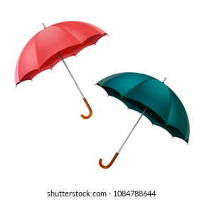 Red and dark green umbrellas isolated on white background