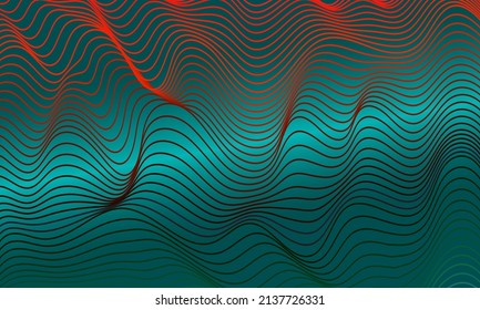 Red and dark green wavy lines on a green gradient background. Abstract wavy texture. Vector illustration.