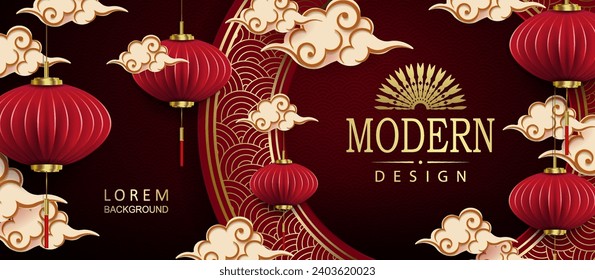 Red dark pattern with a round frame, lanterns in the style of paper art.