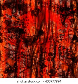 Red with dark spots. Grunge background. Scratches, streaks, wavy strips, thin straight lines, triangular elements, stylized feathers. Abstract seamless vector pattern.