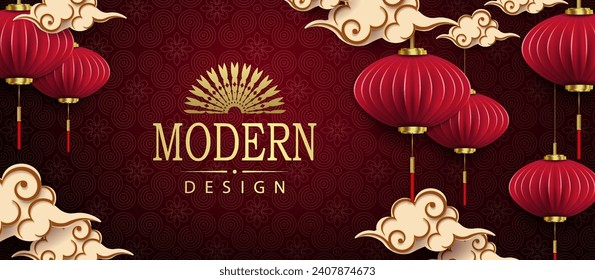 Red dark texture design with clouds and hanging lanterns.