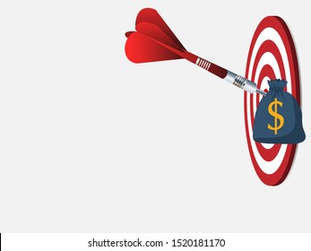 Red dart arrow hit the center target of dartboard and money metaphor marketing or saving money concept, on wood background
