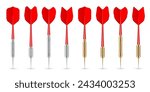 Red dart arrows with metal tip and shadow. Dart throwing sport game, dartboard equipment. Vector illustration