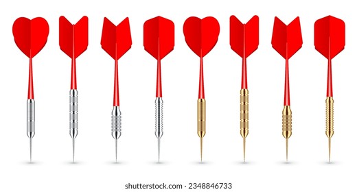 Red dart arrows with metal tip and shadow. Dart throwing sport game, dartboard equipment. Vector illustration