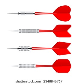 Flechas rojas de dardos con punta metálica aisladas sobre fondo blanco. Juego deportivo de tiro al arco, equipo de tablero. Ilustración del vector
