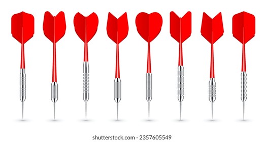 Red dart arrows with metal tip and shadow. Dart throwing sport game, dartboard equipment. Vector illustration