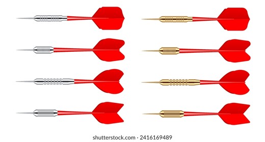 Red dart arrows with metal tip isolated on white background. Dart throwing sport game, dartboard equipment. Vector illustration