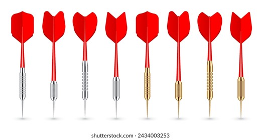 Red dart arrows with metal tip and shadow. Dart throwing sport game, dartboard equipment. Vector illustration