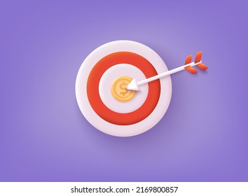 Red dart board with gold money coin and red dart. Marketing time concept. Business financial growth planning. 3D Web Vector Illustrations.