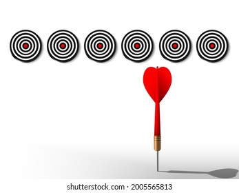 Red dart choose dartboard. Arrow select bullseye target. Business success way, investment goal, marketing challenge, financial strategy, purpose achievement, focus ideas concept. 3d vector