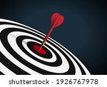 Red dart hit to center of dartboard. Arrow on bullseye in target. Business success, investment goal, opportunity challenge, aim strategy, achievement focus concept. 3d realistic vector illustration