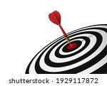 Red dart hit to center of dartboard. Arrow on bullseye in target. Business success, investment goal, opportunity challenge, aim strategy, achievement focus concept. 3d realistic vector illustration