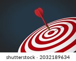 Red dart hit to center of dartboard. Arrow on bullseye in target. Business success, investment goal, opportunity challenge, aim strategy, achievement focus concept. 3d realistic vector illustration